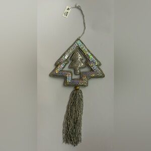 New Silver Beaded Ornament Sequins Fringe 10” x 5 1/8” Christmas Tree